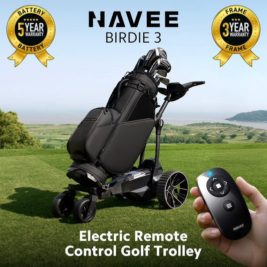 Navee Birdie 3 electric remote control golf trolley with warranty badges on a golf course background.