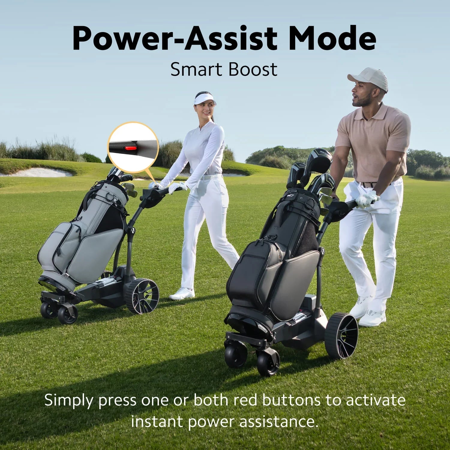 Two golfers with power-assist Navee electric golf trolleys on a golf course, highlighting the 'Smart Boost' feature.