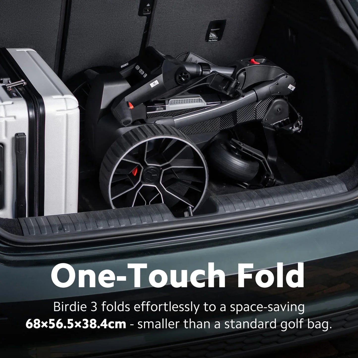 Foldable Navee electric golf trolley in a car boot with text highlighting 'One-Touch Fold' feature.
